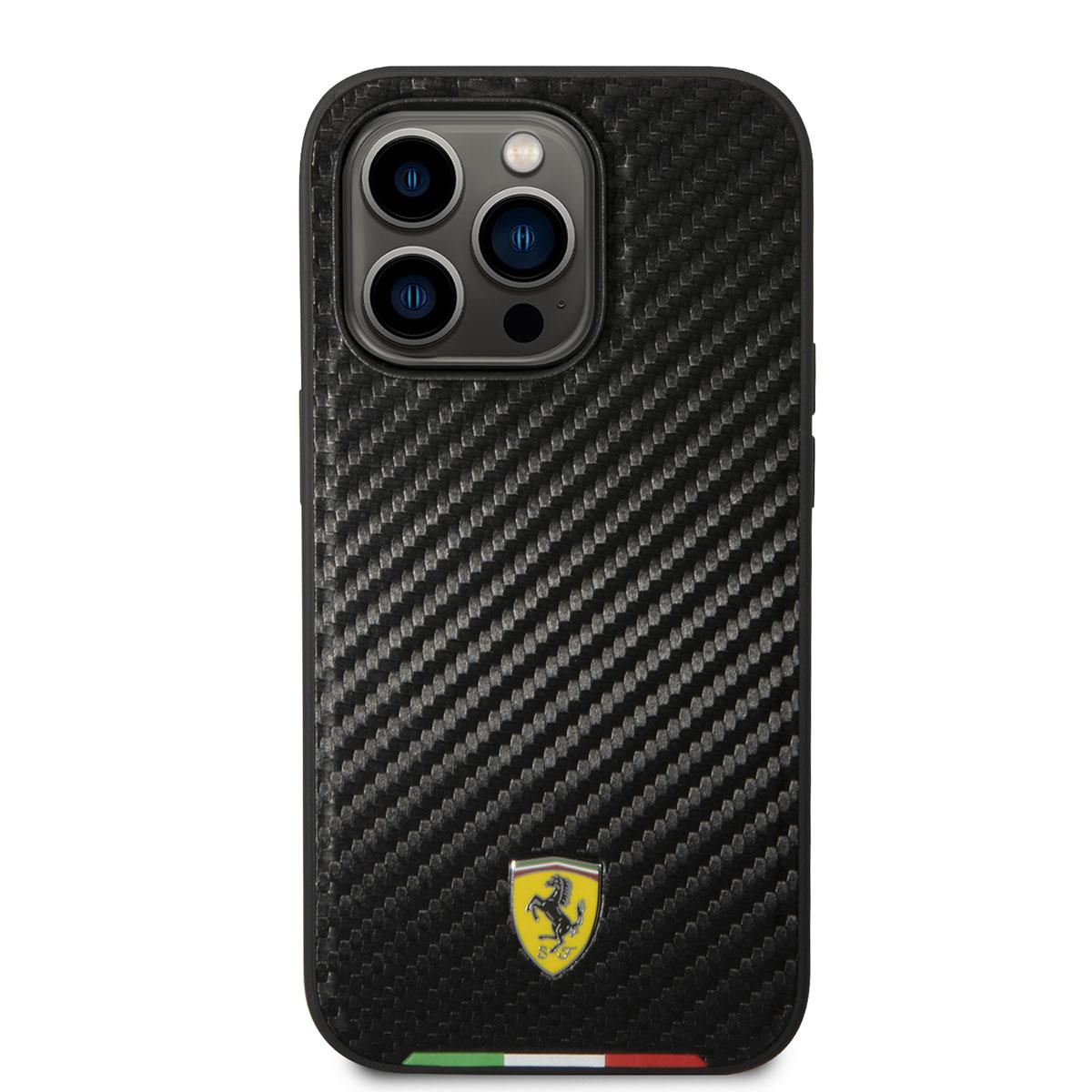 Apple iPhone 14 Pro Max Kılıf Ferrari M-safe Şarj Özellikli Karbon İtalyan Bayrak Dizayn Kapak