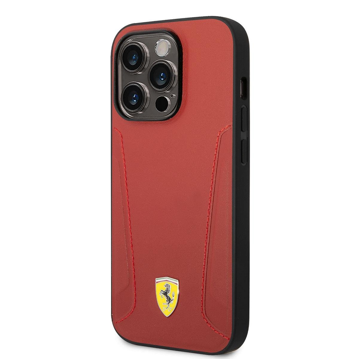 Apple iPhone 14 Pro Max Kılıf Ferrari M-safe Şarj Özellikli Deri Kenarları Damgalı Dizayn Kapak