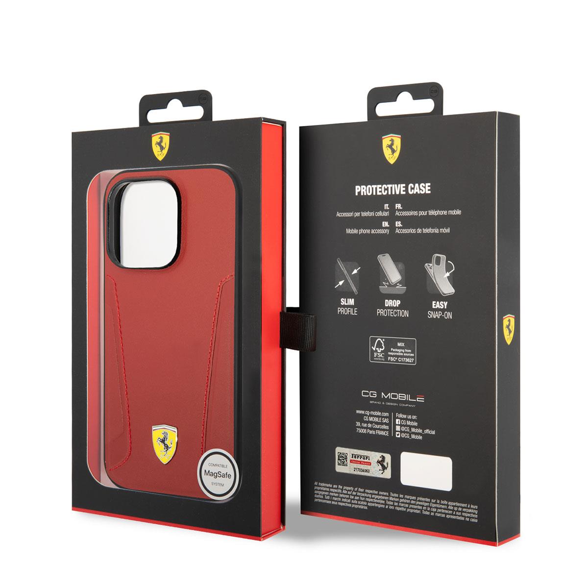 Apple iPhone 14 Pro Max Kılıf Ferrari M-safe Şarj Özellikli Deri Kenarları Damgalı Dizayn Kapak