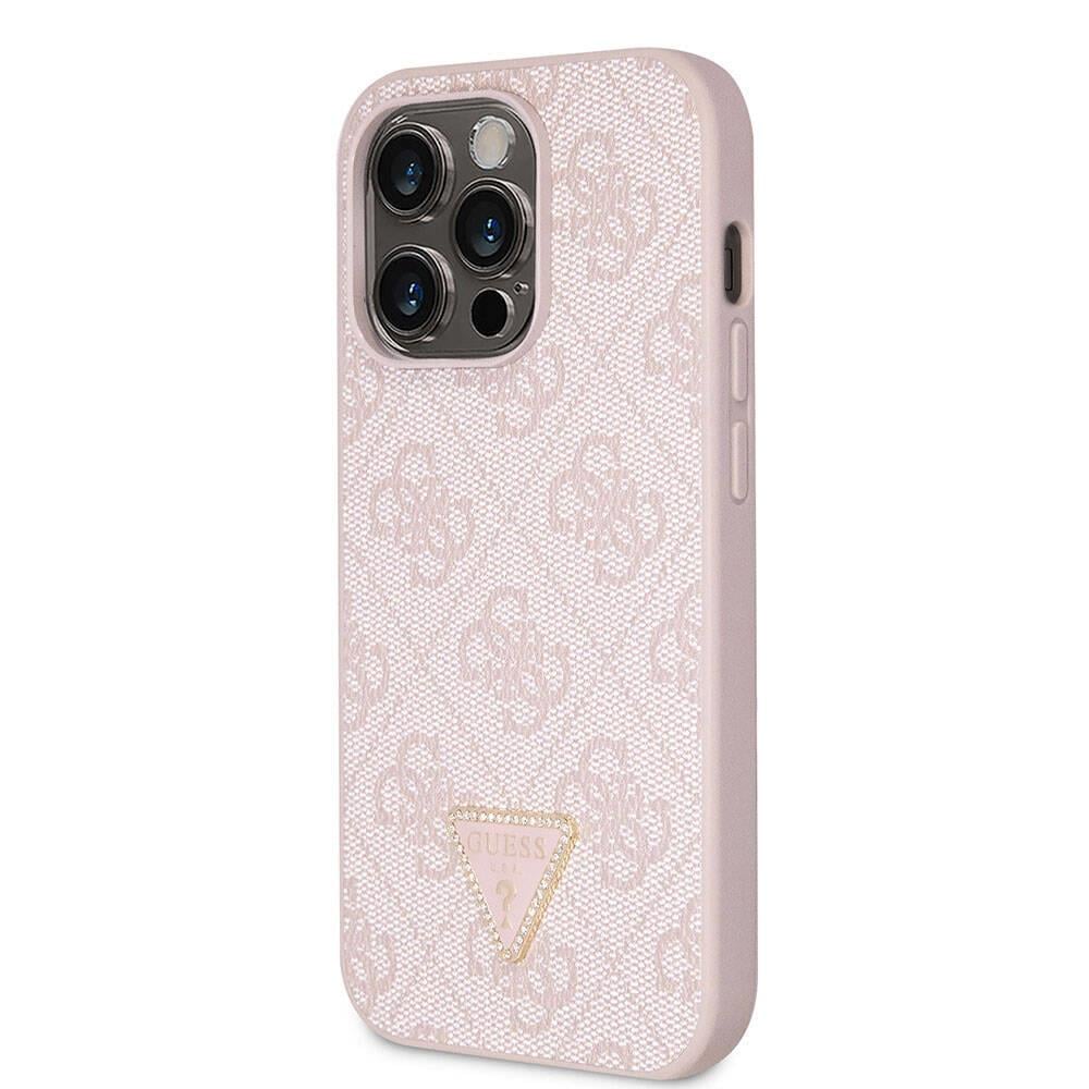 Apple iPhone 14 Pro Max Kılıf Guess Orjinal Lisanslı PU Deri Taşlı Üçgen Logo 4G Desenli Kapak