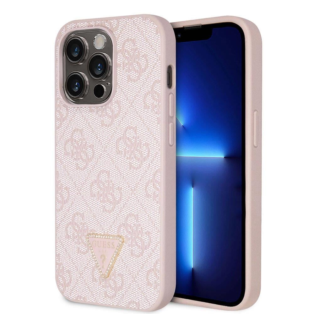 Apple iPhone 14 Pro Max Kılıf Guess Orjinal Lisanslı PU Deri Taşlı Üçgen Logo 4G Desenli Kapak
