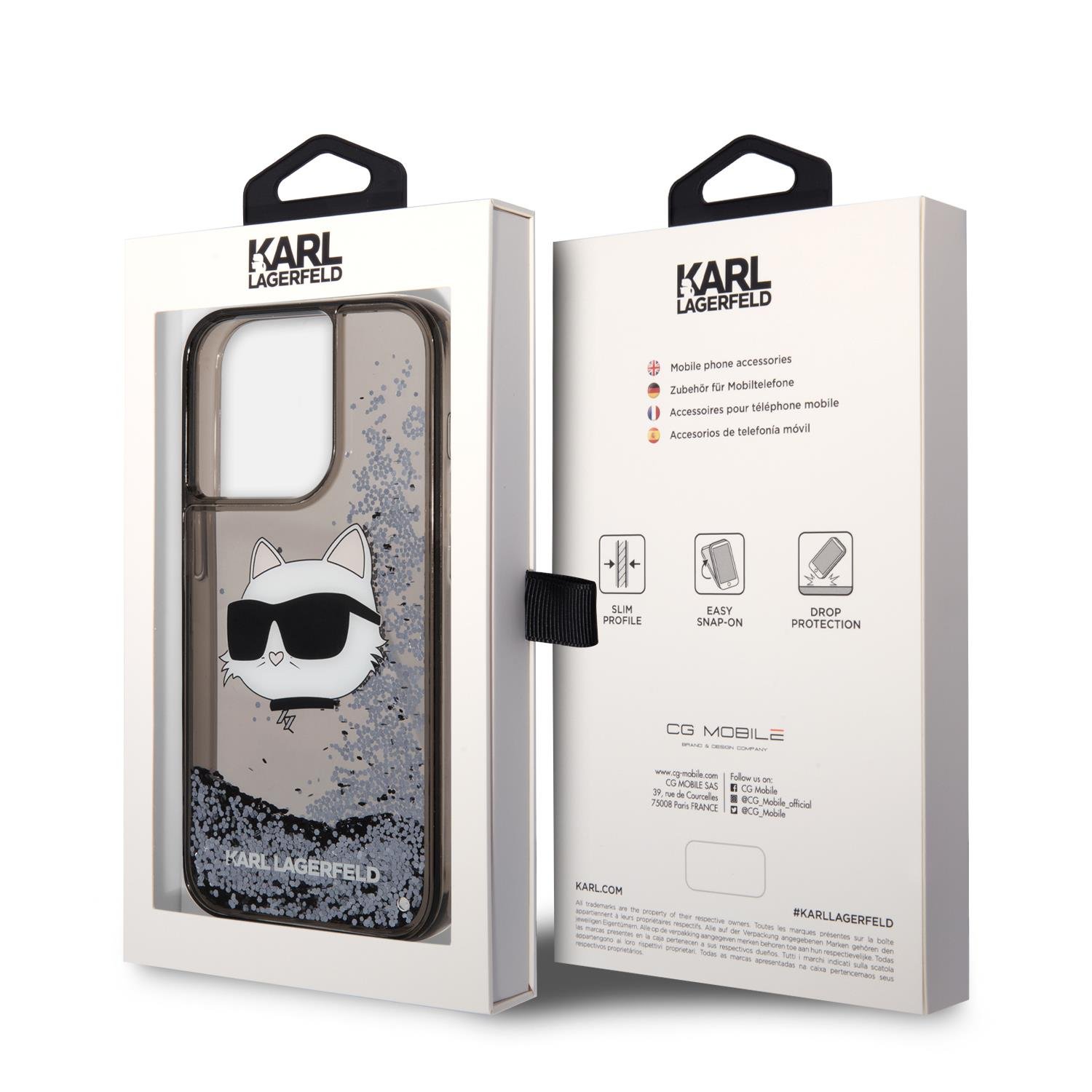 Apple iPhone 14 Pro Max Kılıf Karl Lagerfeld Sıvılı Simli Choupette Head Dizayn Kapak