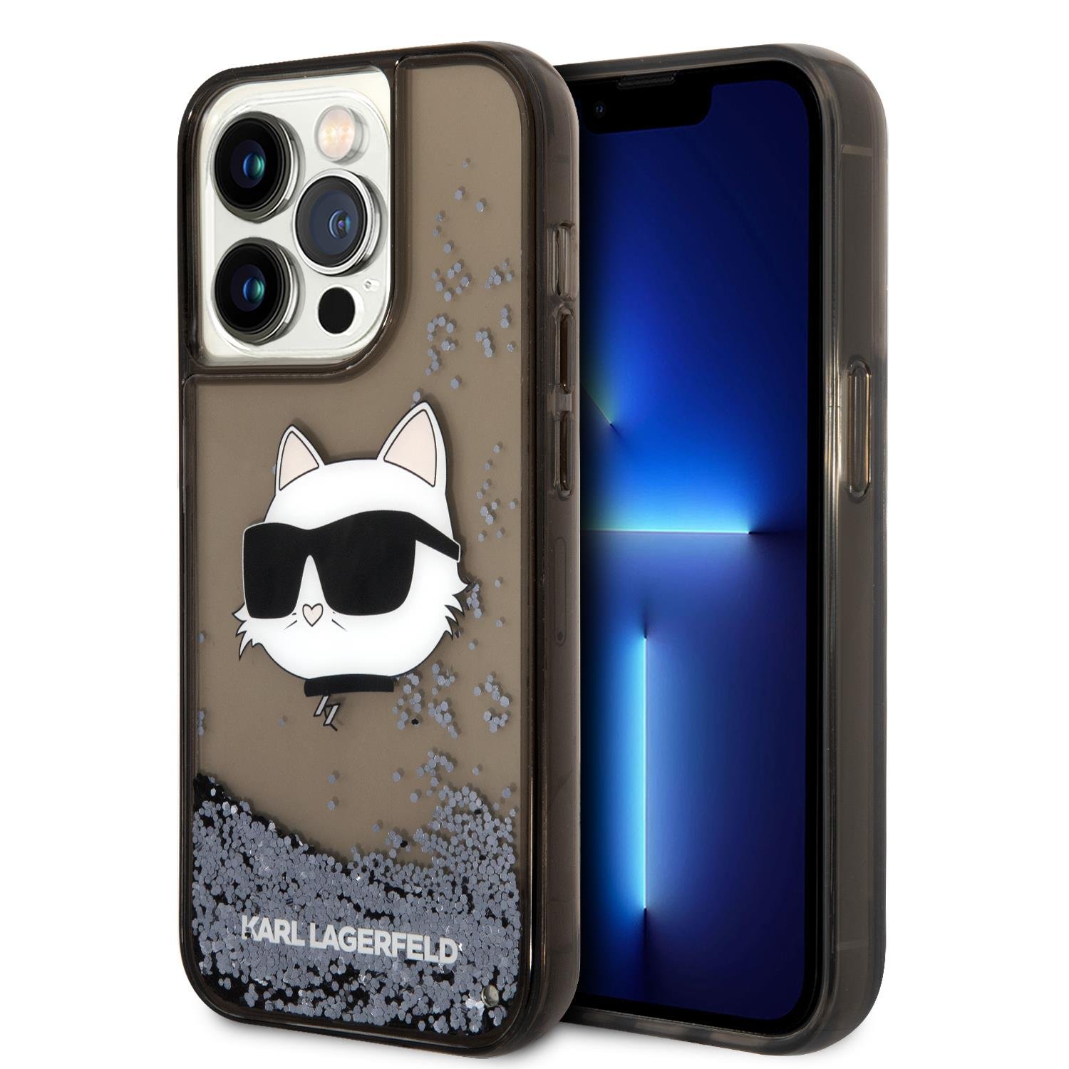 Apple iPhone 14 Pro Max Kılıf Karl Lagerfeld Sıvılı Simli Choupette Head Dizayn Kapak