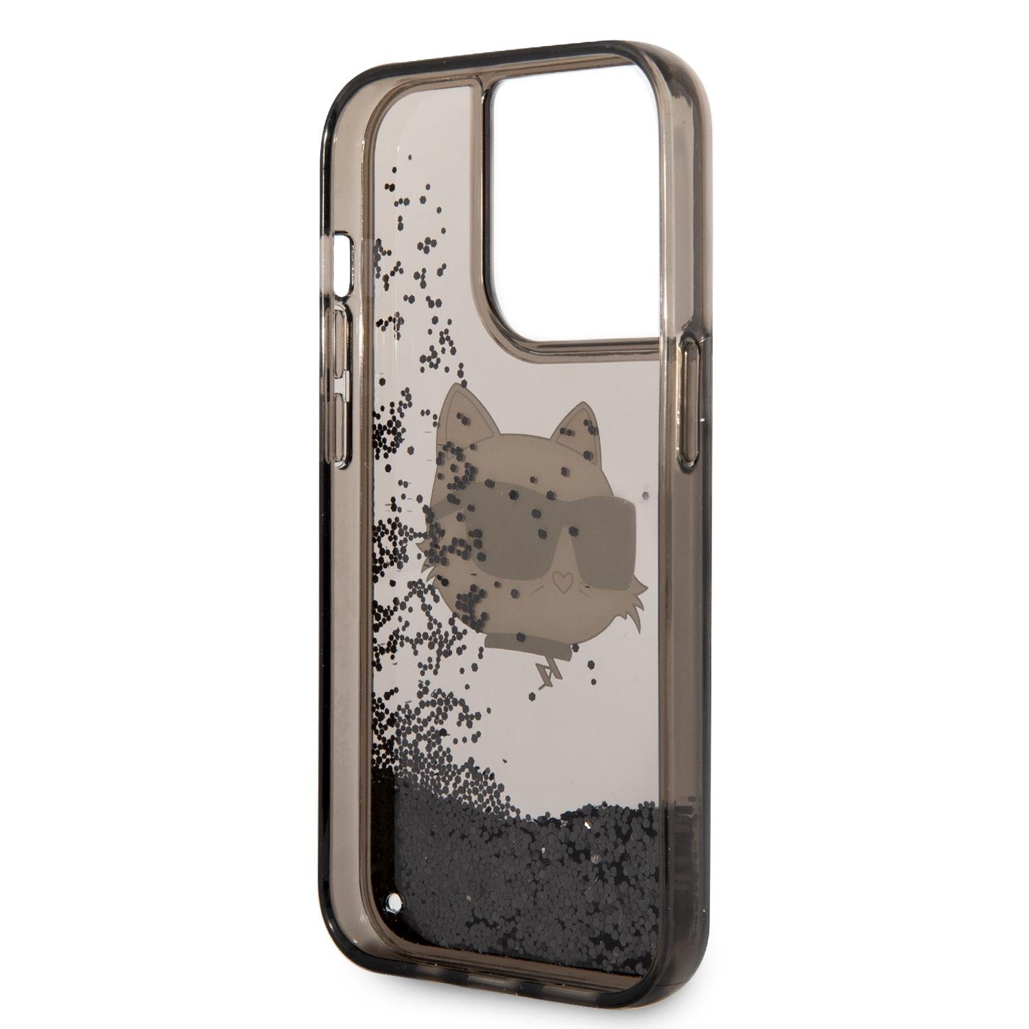 Apple iPhone 14 Pro Max Kılıf Karl Lagerfeld Sıvılı Simli Choupette Head Dizayn Kapak