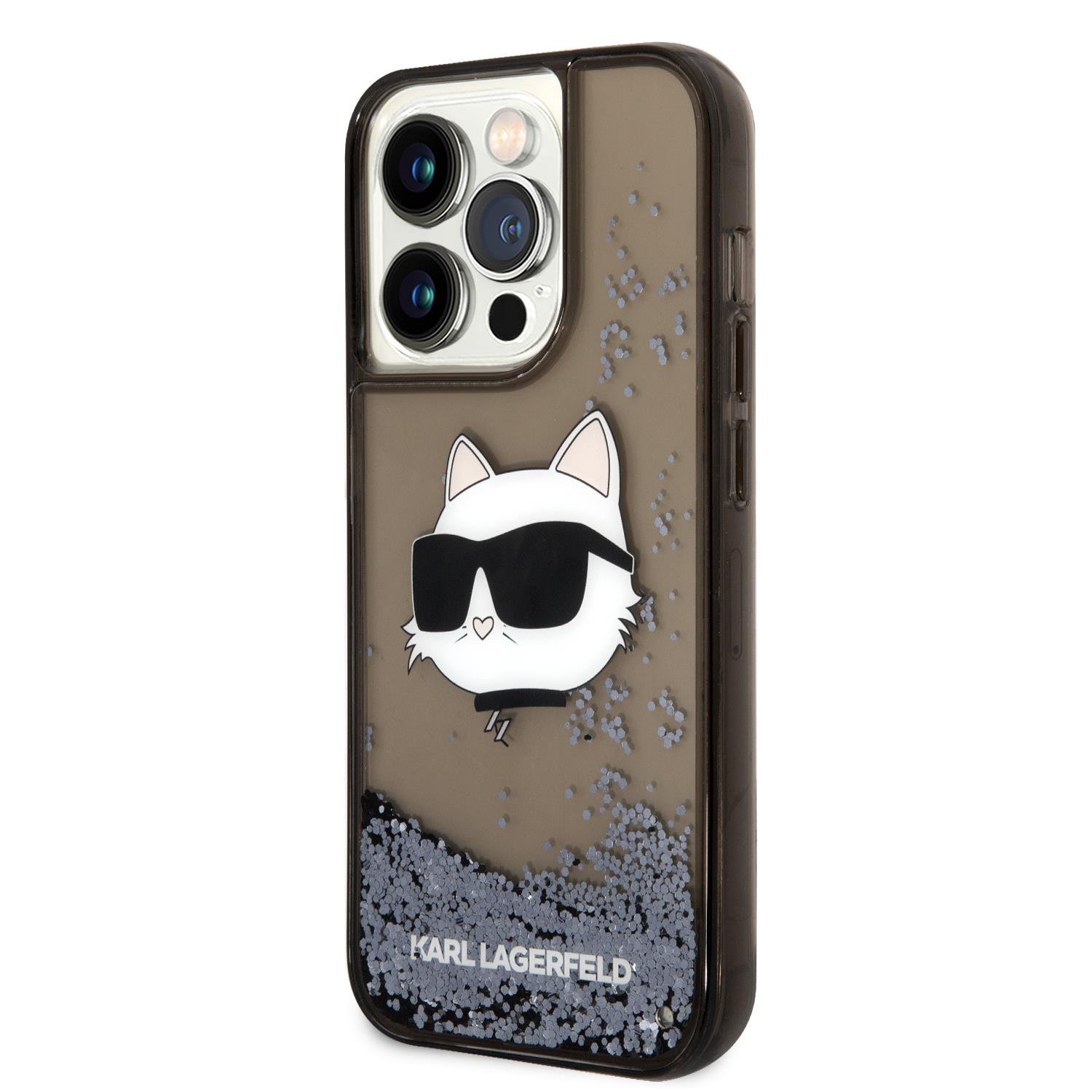 Apple iPhone 14 Pro Max Kılıf Karl Lagerfeld Sıvılı Simli Choupette Head Dizayn Kapak