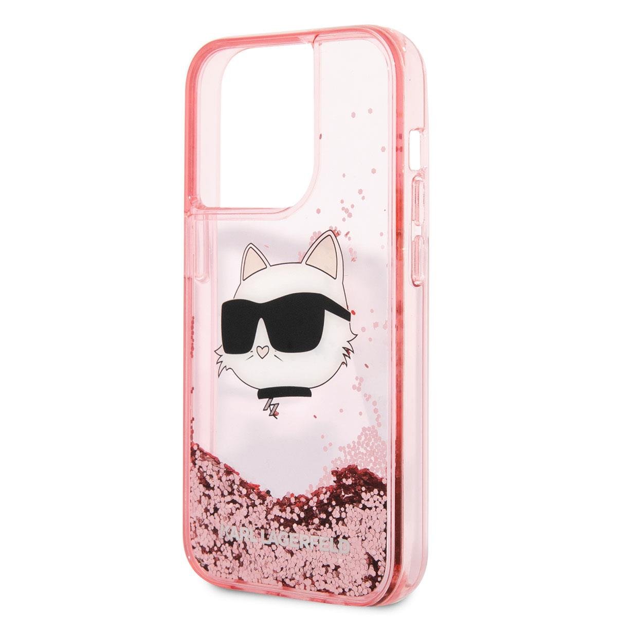 Apple iPhone 14 Pro Max Kılıf Karl Lagerfeld Sıvılı Simli Choupette Head Dizayn Kapak