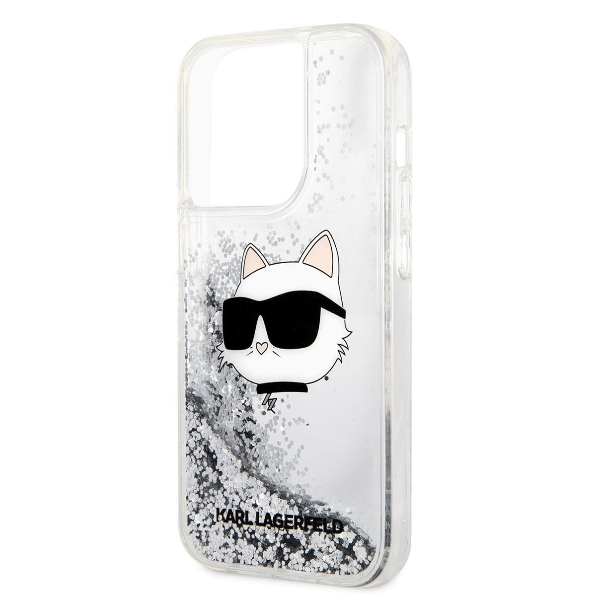 Apple iPhone 14 Pro Max Kılıf Karl Lagerfeld Sıvılı Simli Choupette Head Dizayn Kapak