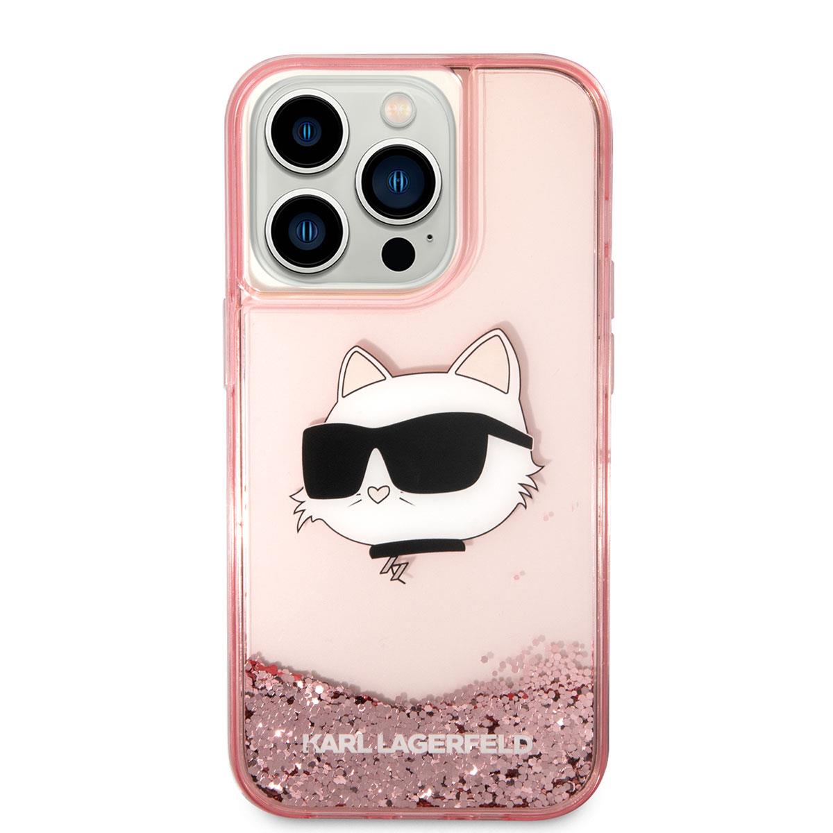 Apple iPhone 14 Pro Max Kılıf Karl Lagerfeld Sıvılı Simli Choupette Head Dizayn Kapak
