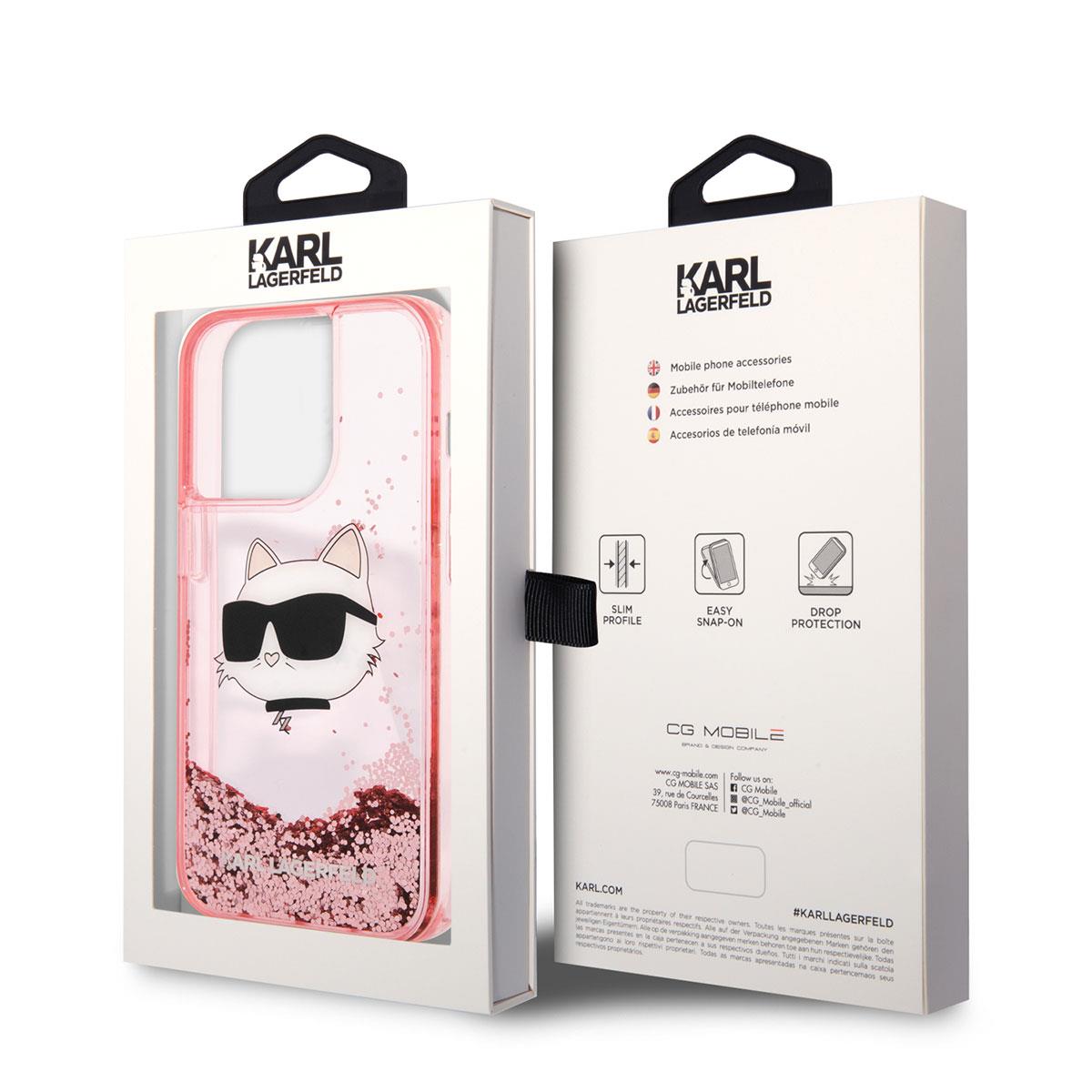 Apple iPhone 14 Pro Max Kılıf Karl Lagerfeld Sıvılı Simli Choupette Head Dizayn Kapak