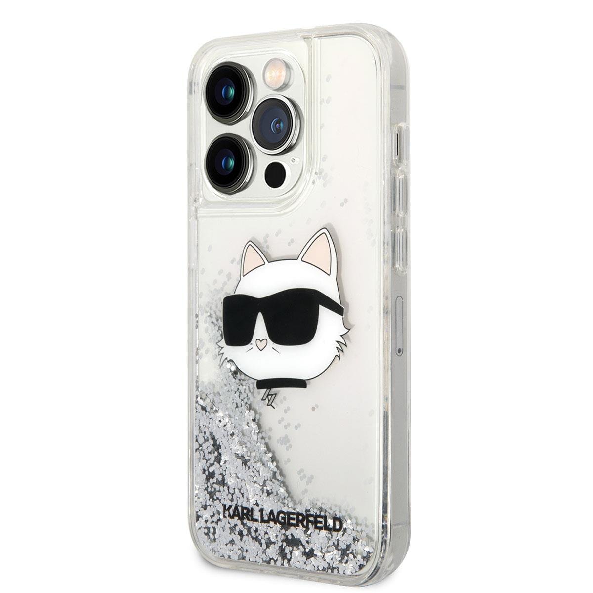 Apple iPhone 14 Pro Max Kılıf Karl Lagerfeld Sıvılı Simli Choupette Head Dizayn Kapak