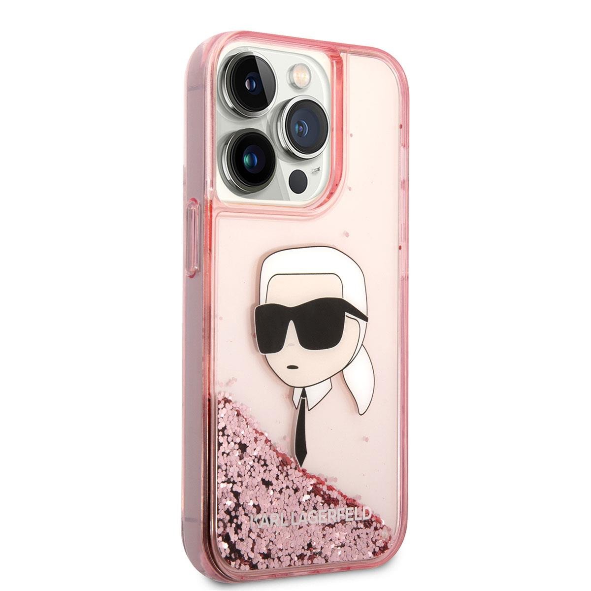 Apple iPhone 14 Pro Max Kılıf Karl Lagerfeld Sıvılı Simli Karl Head Dizayn Kapak