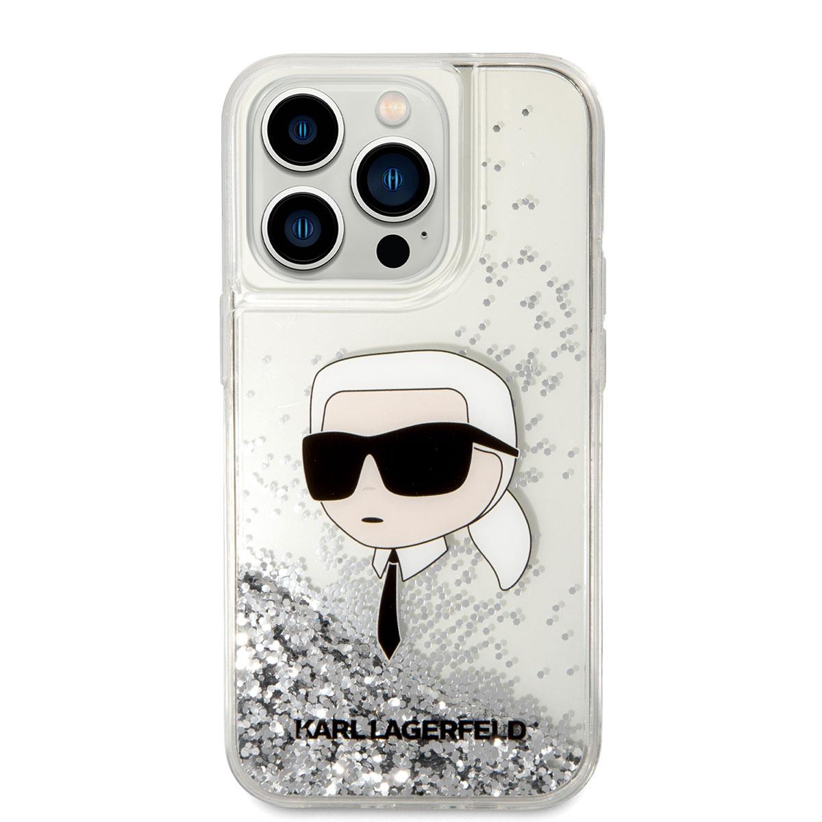 Apple iPhone 14 Pro Max Kılıf Karl Lagerfeld Sıvılı Simli Karl Head Dizayn Kapak