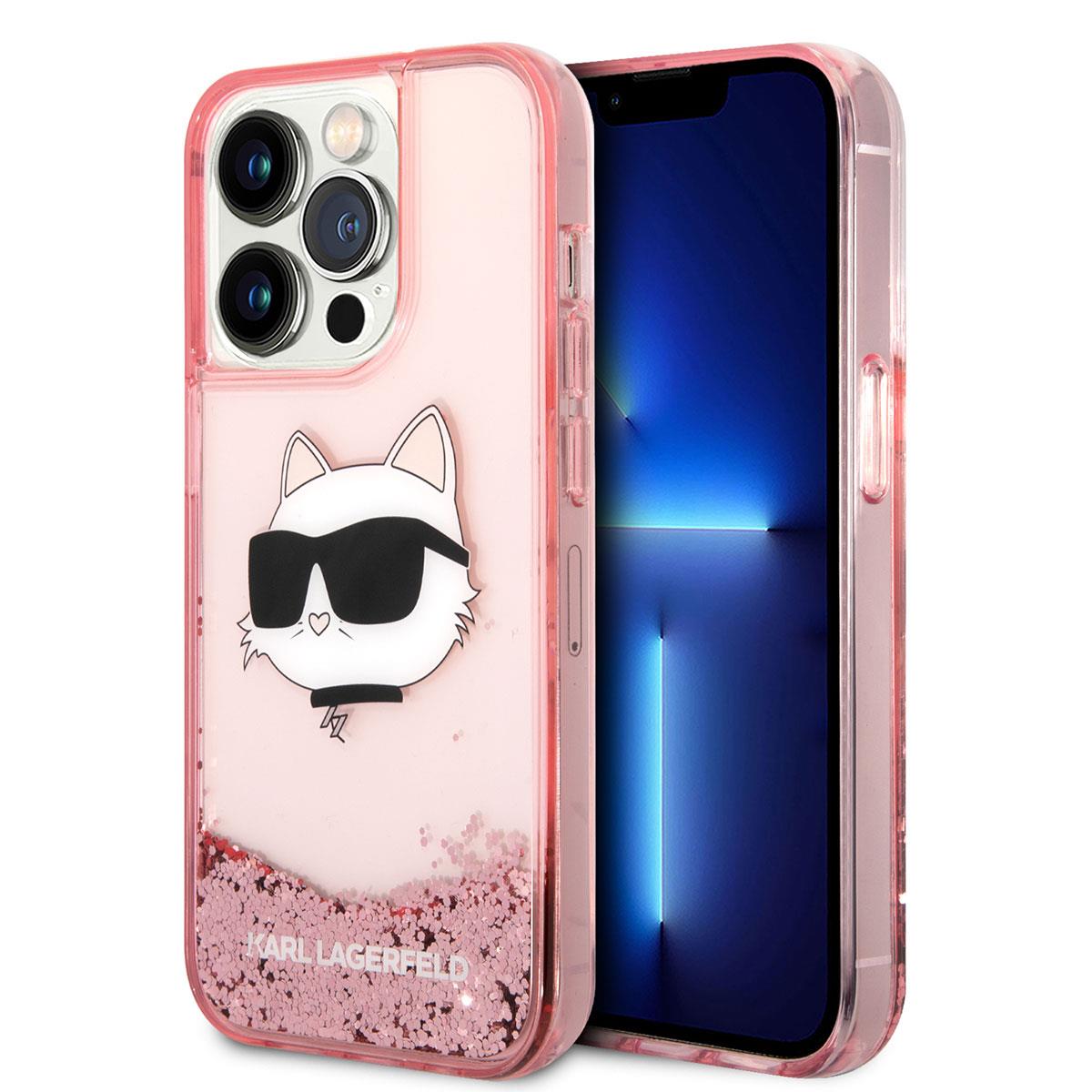 Apple iPhone 14 Pro Max Kılıf Karl Lagerfeld Sıvılı Simli Choupette Head Dizayn Kapak
