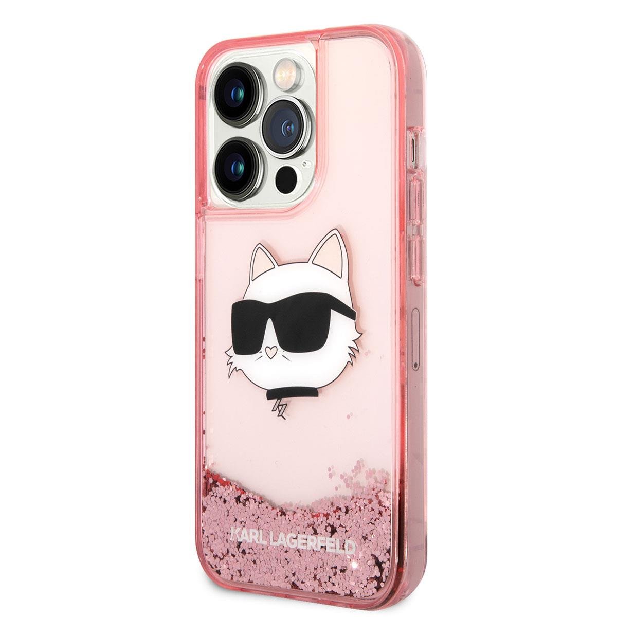 Apple iPhone 14 Pro Max Kılıf Karl Lagerfeld Sıvılı Simli Choupette Head Dizayn Kapak