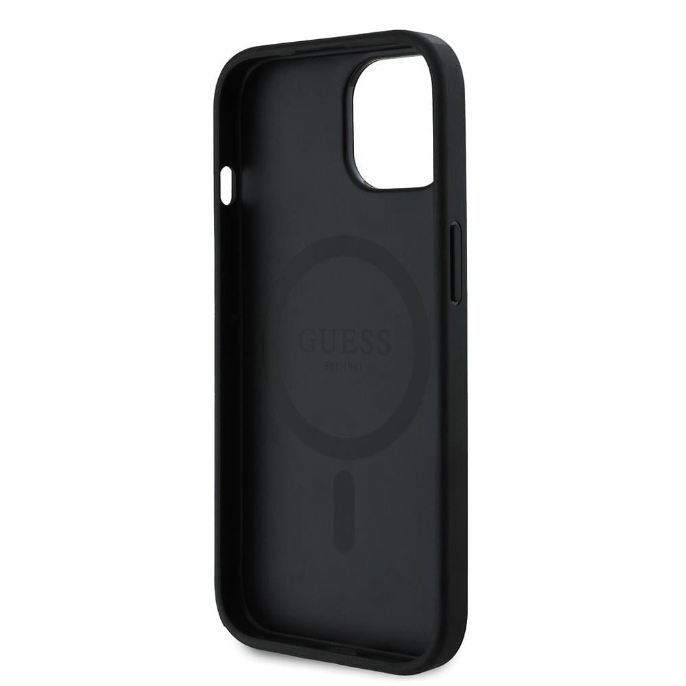 Apple iPhone 15 Kılıf Guess Orjinal Lisanslı M-safe Şarj Özellikli PU Üçgen Logo 4G Desenli Kapak