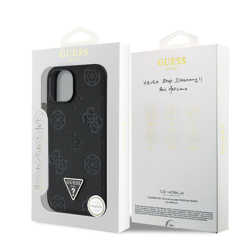 Apple iPhone 15 Kılıf Guess Orjinal Lisanslı M-safe Şarj Özellikli Sıcak Baskılı Üçgen Logolu PU Deri Peony Kapak