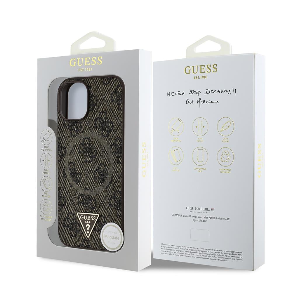 Apple iPhone 15 Kılıf Guess Orjinal Lisanslı M-safe Şarj Özellikli PU Üçgen Logo 4G Desenli Kapak