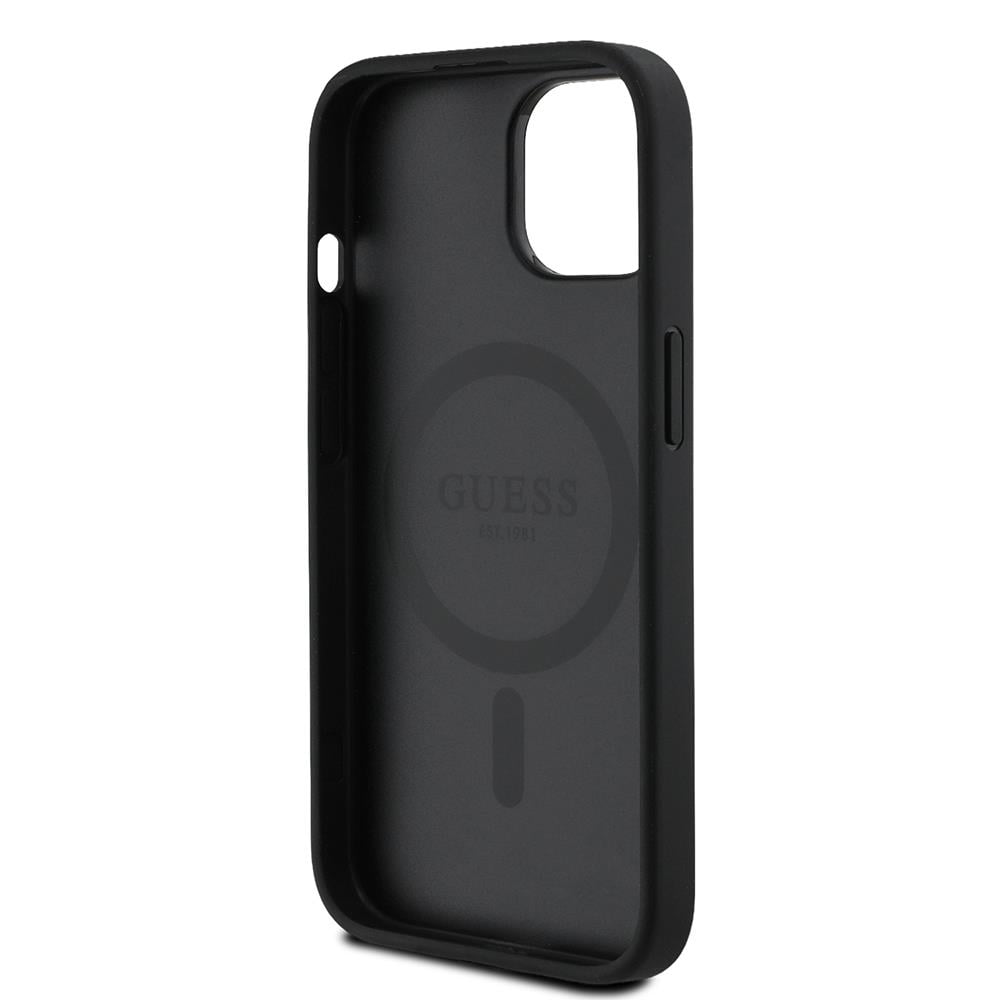 Apple iPhone 15 Kılıf Guess Orjinal Lisanslı M-safe Şarj Özellikli Sıcak Baskılı Üçgen Logolu PU Deri Peony Kapak