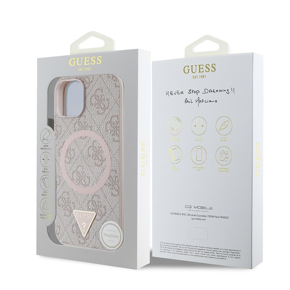 Apple iPhone 15 Kılıf Guess Orjinal Lisanslı M-safe Şarj Özellikli PU Üçgen Logo 4G Desenli Kapak