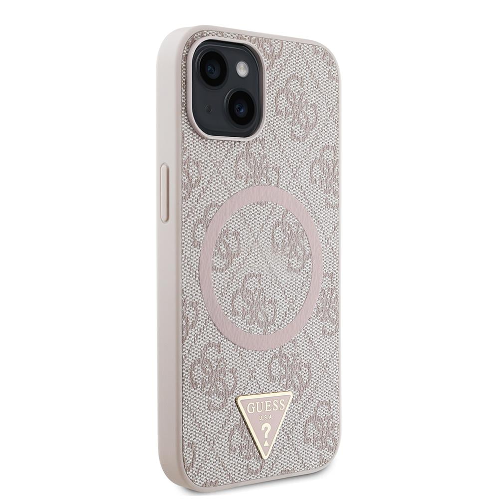 Apple iPhone 15 Kılıf Guess Orjinal Lisanslı M-safe Şarj Özellikli PU Üçgen Logo 4G Desenli Kapak