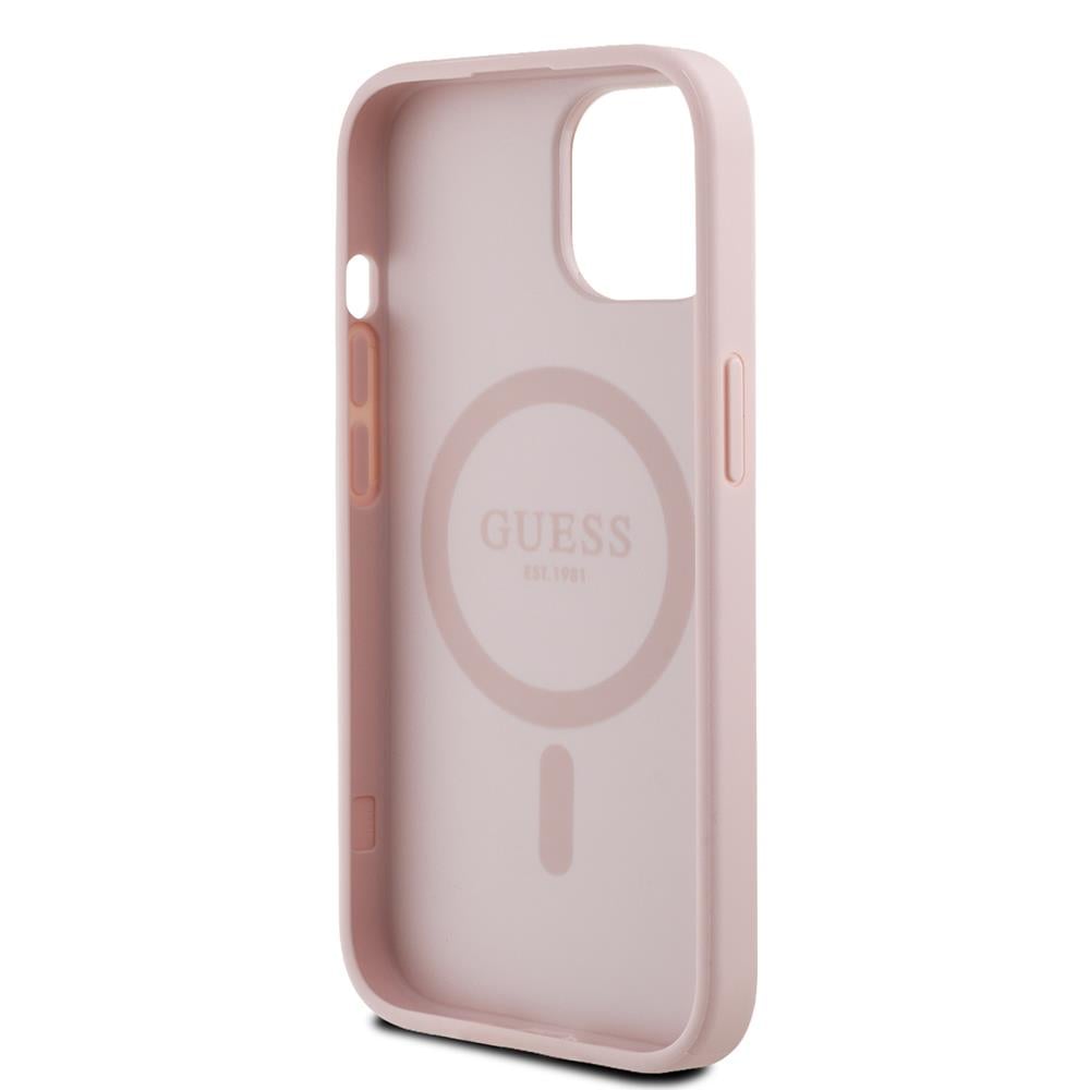 Apple iPhone 15 Kılıf Guess Orjinal Lisanslı M-safe Şarj Özellikli Sıcak Baskılı Üçgen Logolu PU Deri Peony Kapak