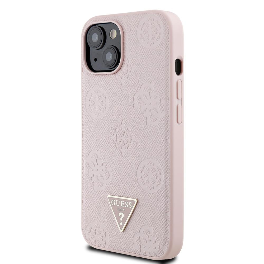 Apple iPhone 15 Kılıf Guess Orjinal Lisanslı M-safe Şarj Özellikli Sıcak Baskılı Üçgen Logolu PU Deri Peony Kapak