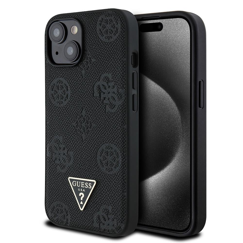 Apple iPhone 15 Kılıf Guess Orjinal Lisanslı M-safe Şarj Özellikli Sıcak Baskılı Üçgen Logolu PU Deri Peony Kapak