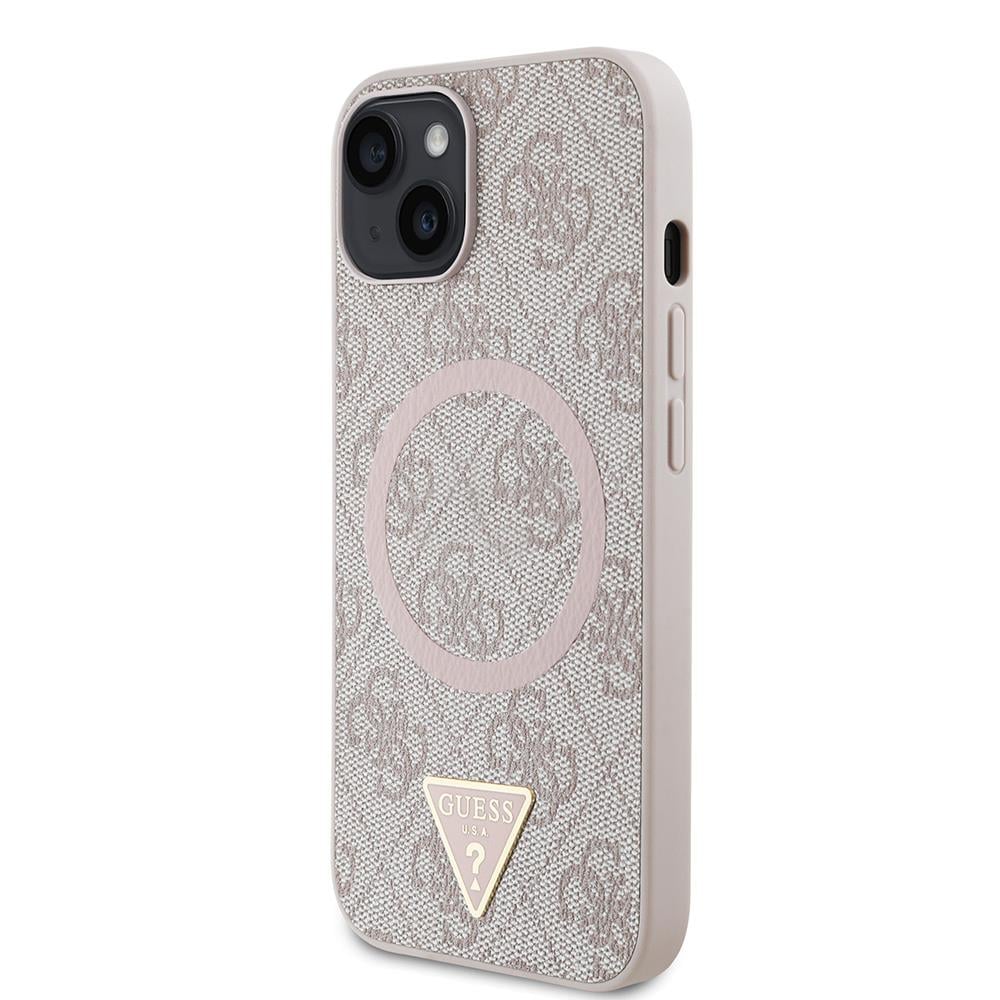 Apple iPhone 15 Kılıf Guess Orjinal Lisanslı M-safe Şarj Özellikli PU Üçgen Logo 4G Desenli Kapak