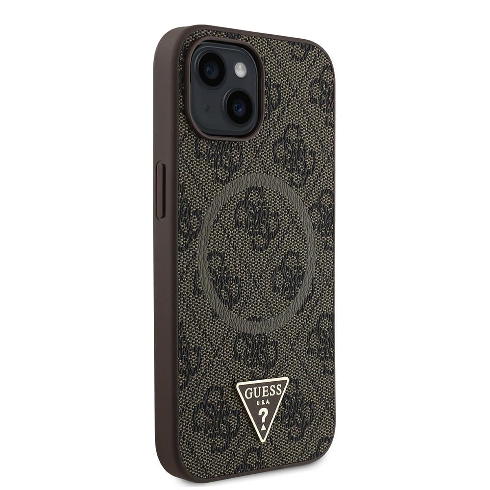 Apple iPhone 15 Kılıf Guess Orjinal Lisanslı M-safe Şarj Özellikli PU Üçgen Logo 4G Desenli Kapak