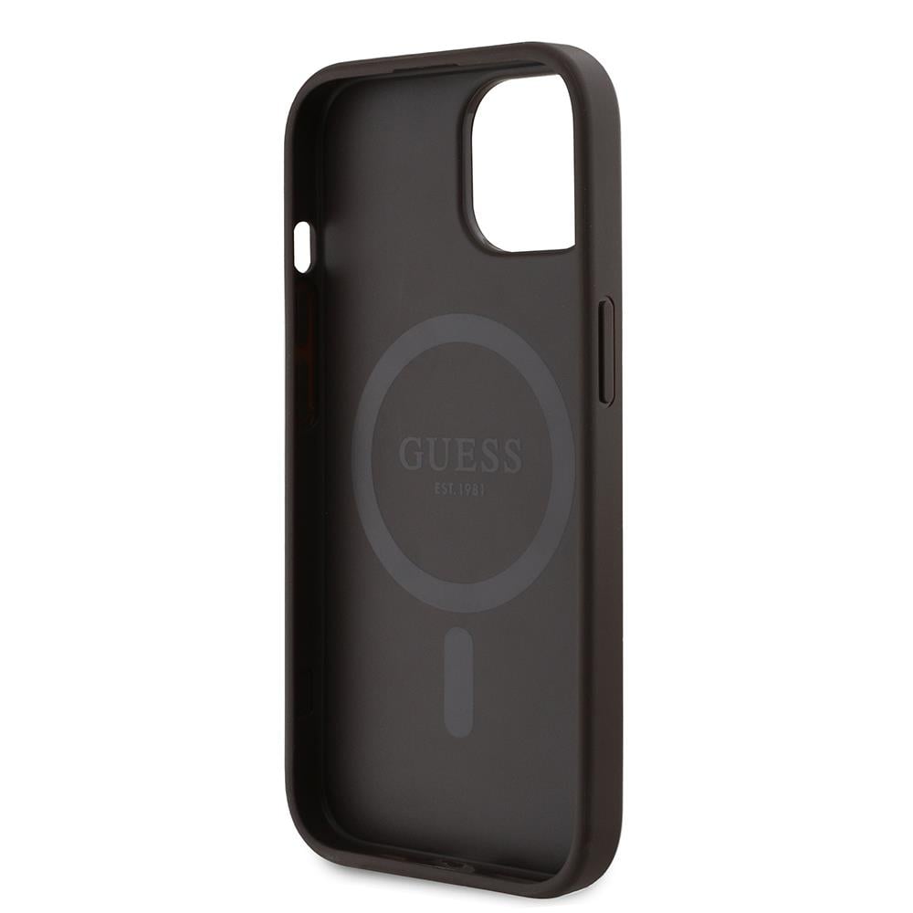 Apple iPhone 15 Kılıf Guess Orjinal Lisanslı M-safe Şarj Özellikli PU Üçgen Logo 4G Desenli Kapak