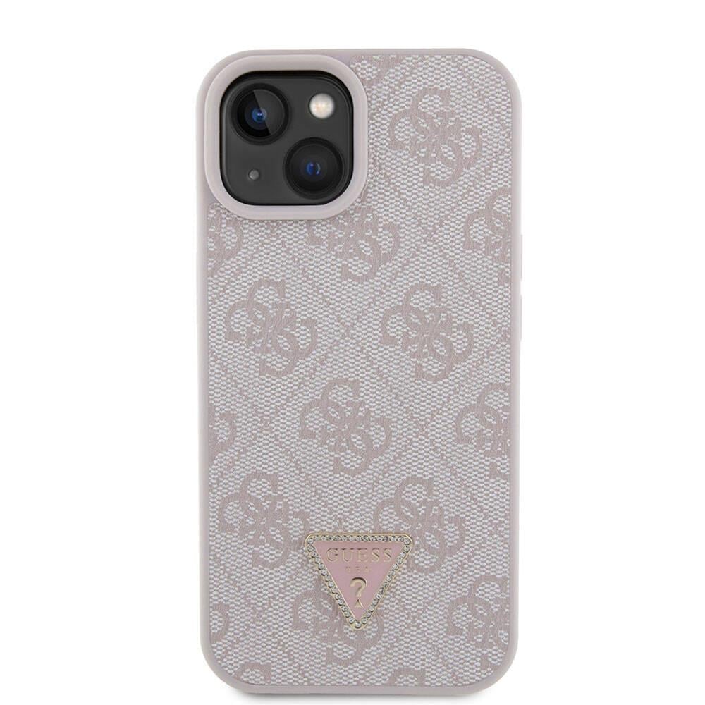 Apple iPhone 15 Kılıf Guess Orjinal Lisanslı PU Deri Taşlı Üçgen Logo 4G Desenli Strass Kapak