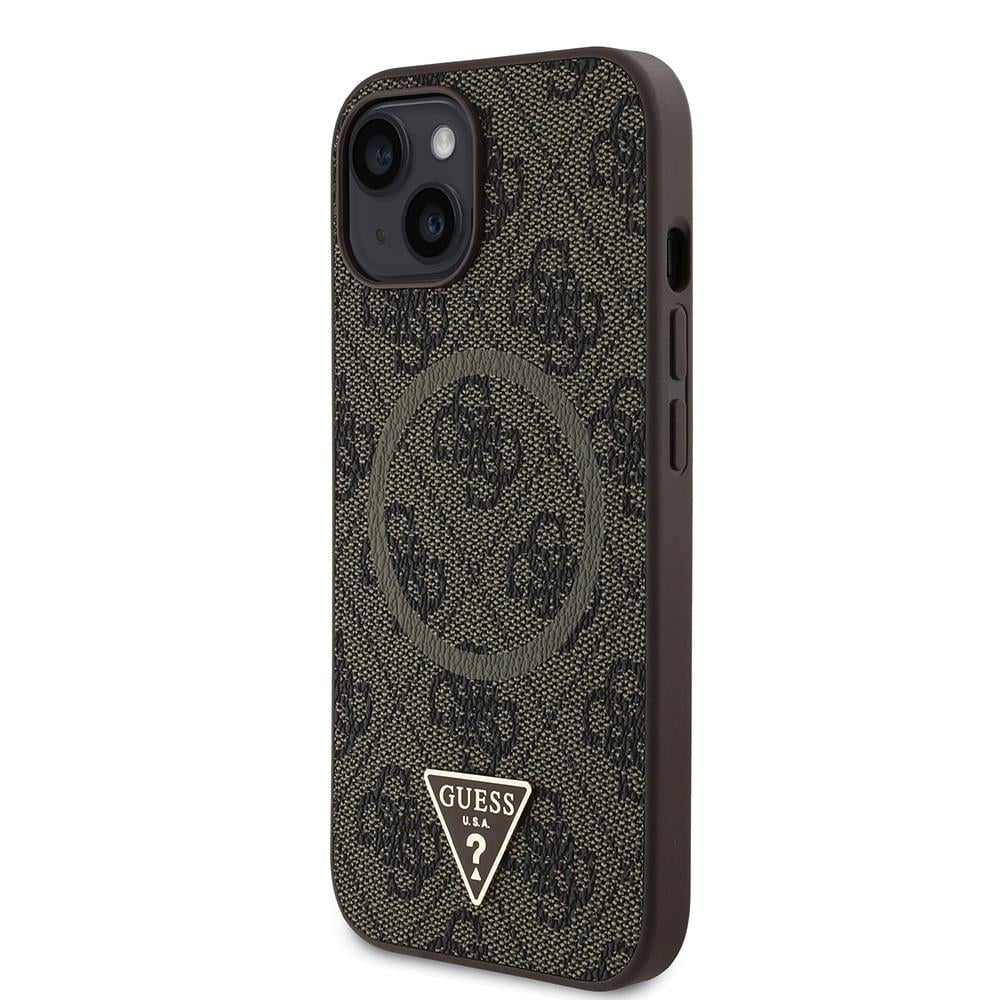 Apple iPhone 15 Kılıf Guess Orjinal Lisanslı M-safe Şarj Özellikli PU Üçgen Logo 4G Desenli Kapak