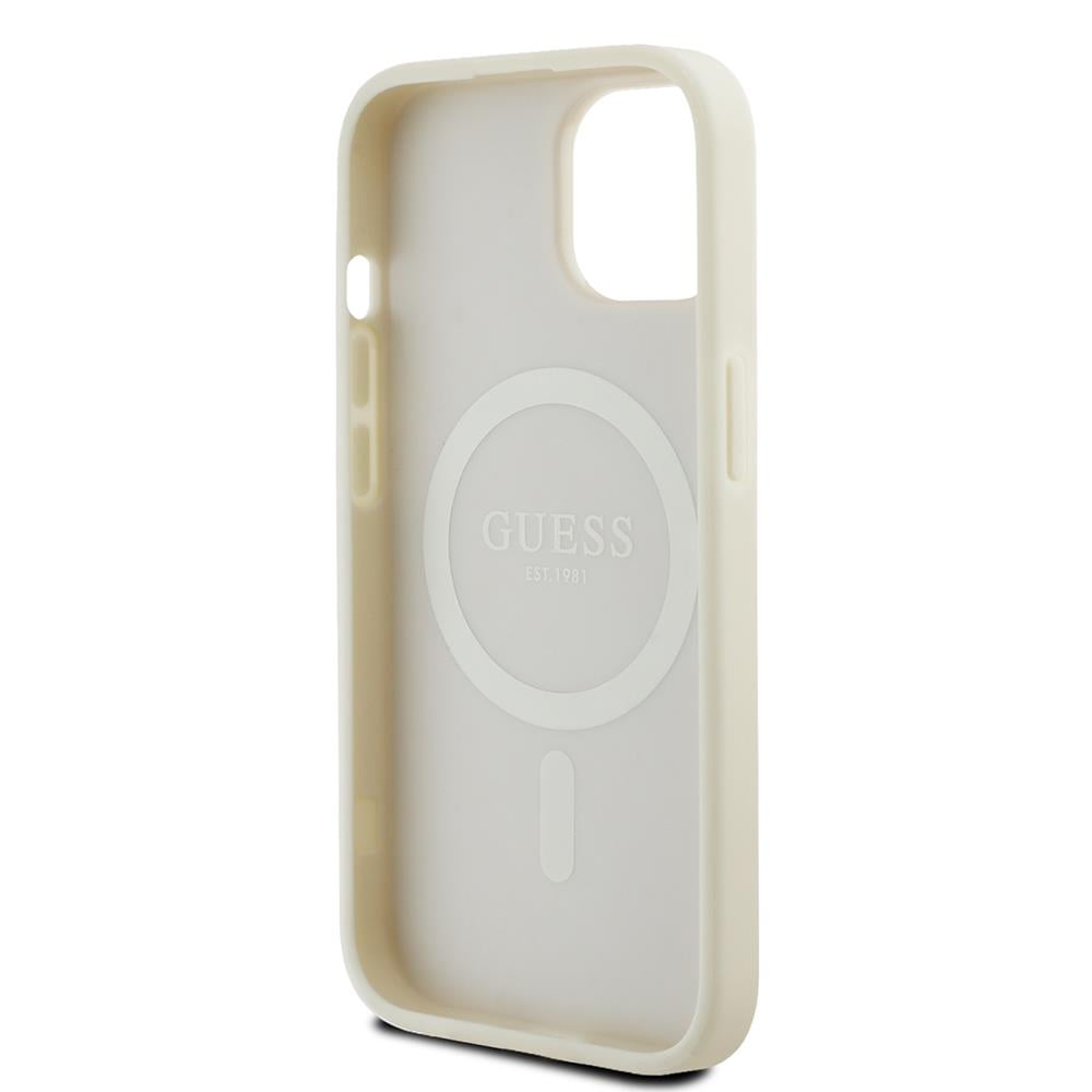 Apple iPhone 15 Kılıf Guess Orjinal Lisanslı M-safe Şarj Özellikli Sıcak Baskılı Üçgen Logolu PU Deri Peony Kapak