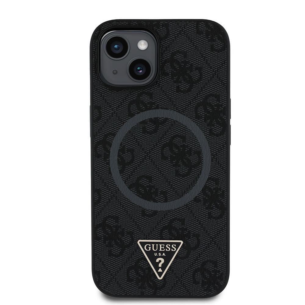 Apple iPhone 15 Kılıf Guess Orjinal Lisanslı M-safe Şarj Özellikli PU Üçgen Logo 4G Desenli Kapak