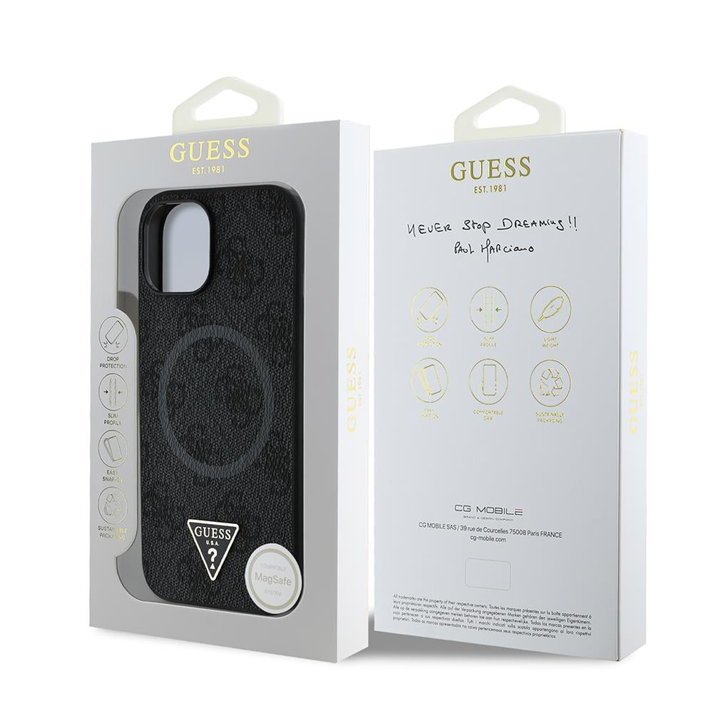 Apple iPhone 15 Kılıf Guess Orjinal Lisanslı M-safe Şarj Özellikli PU Üçgen Logo 4G Desenli Kapak