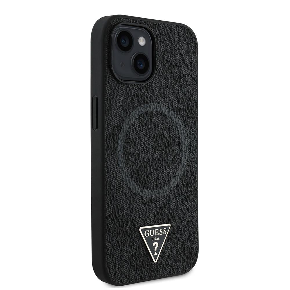 Apple iPhone 15 Kılıf Guess Orjinal Lisanslı M-safe Şarj Özellikli PU Üçgen Logo 4G Desenli Kapak