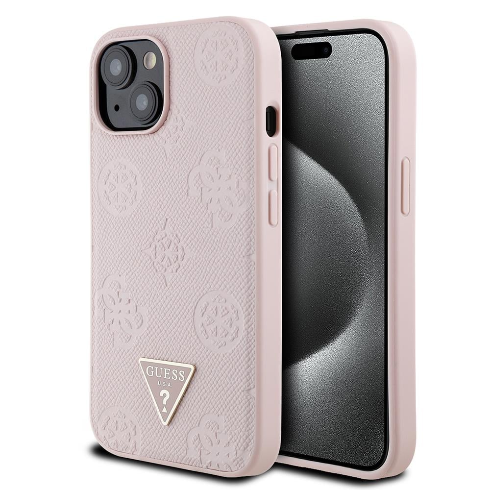 Apple iPhone 15 Kılıf Guess Orjinal Lisanslı M-safe Şarj Özellikli Sıcak Baskılı Üçgen Logolu PU Deri Peony Kapak
