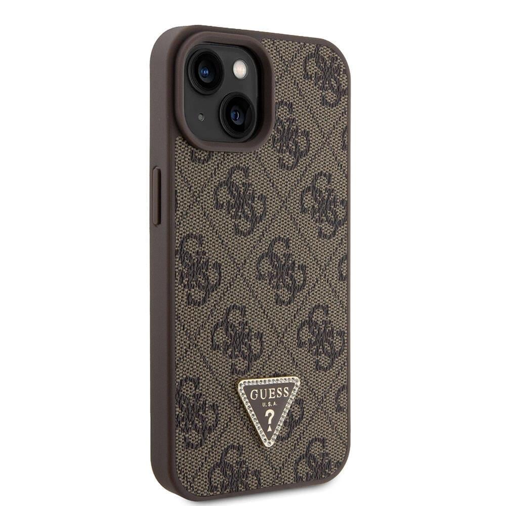 Apple iPhone 15 Kılıf Guess Orjinal Lisanslı PU Deri Taşlı Üçgen Logo 4G Desenli Strass Kapak
