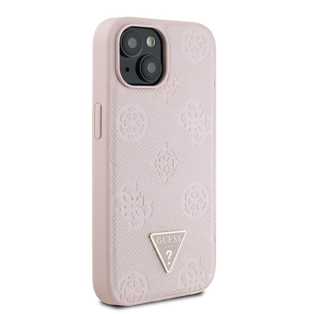 Apple iPhone 15 Kılıf Guess Orjinal Lisanslı M-safe Şarj Özellikli Sıcak Baskılı Üçgen Logolu PU Deri Peony Kapak