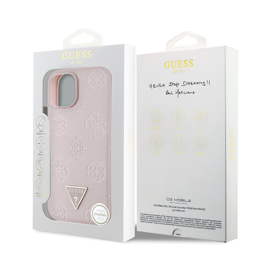 Apple iPhone 15 Kılıf Guess Orjinal Lisanslı M-safe Şarj Özellikli Sıcak Baskılı Üçgen Logolu PU Deri Peony Kapak