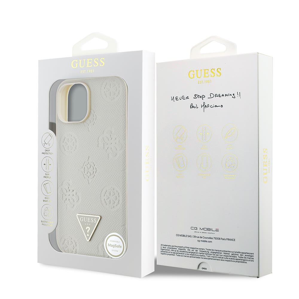 Apple iPhone 15 Kılıf Guess Orjinal Lisanslı M-safe Şarj Özellikli Sıcak Baskılı Üçgen Logolu PU Deri Peony Kapak