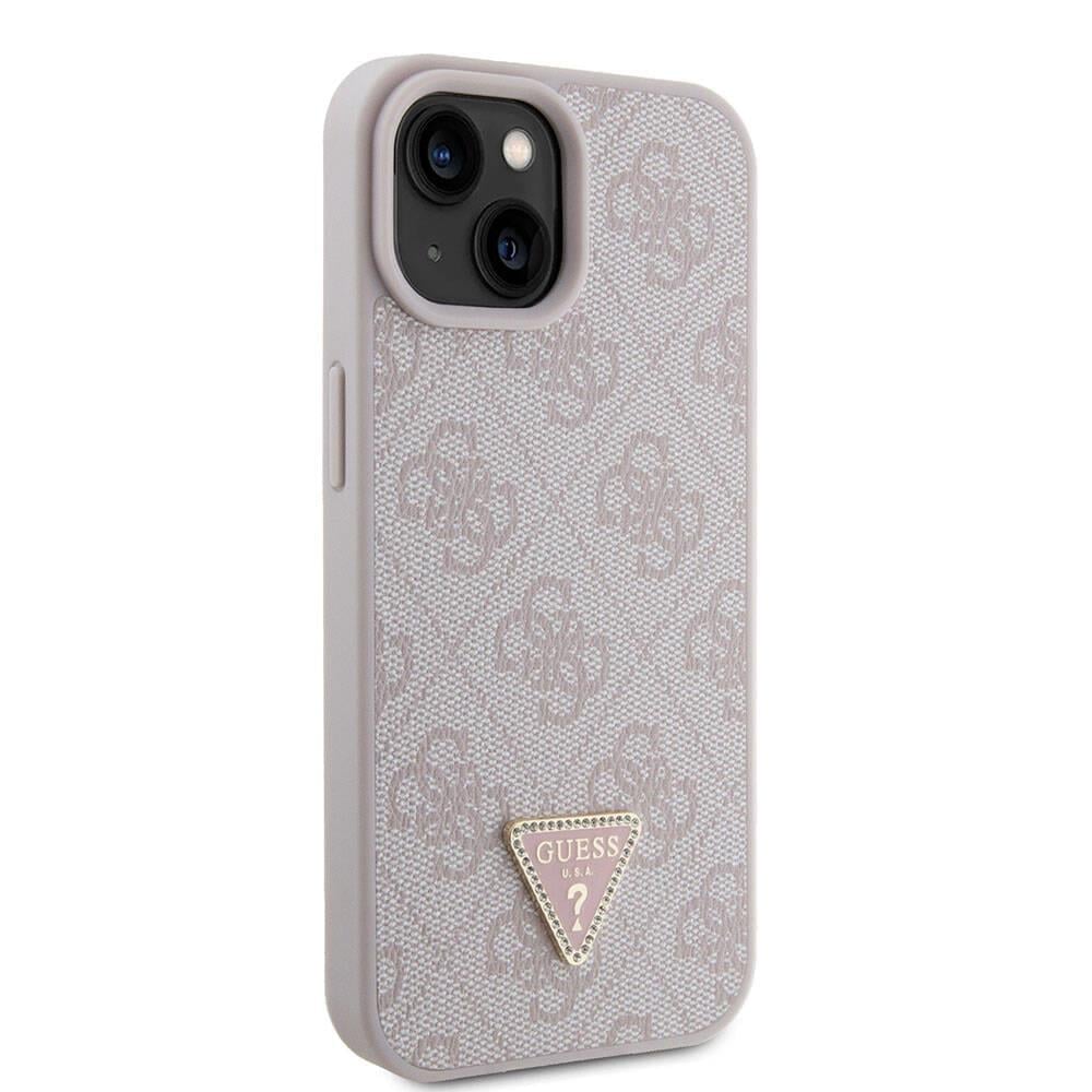 Apple iPhone 15 Kılıf Guess Orjinal Lisanslı PU Deri Taşlı Üçgen Logo 4G Desenli Strass Kapak