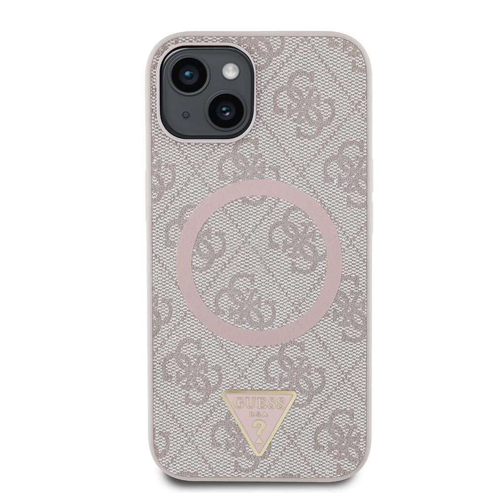 Apple iPhone 15 Kılıf Guess Orjinal Lisanslı M-safe Şarj Özellikli PU Üçgen Logo 4G Desenli Kapak