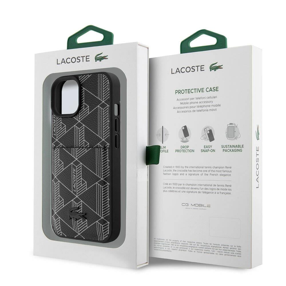 Apple iPhone 15 Kılıf Lacoste Orjinal Lisanslı M-safe Şarj Özellikli PU Deri Görünümlü Kartlıklı Karışık Monogram Desenli Kapak