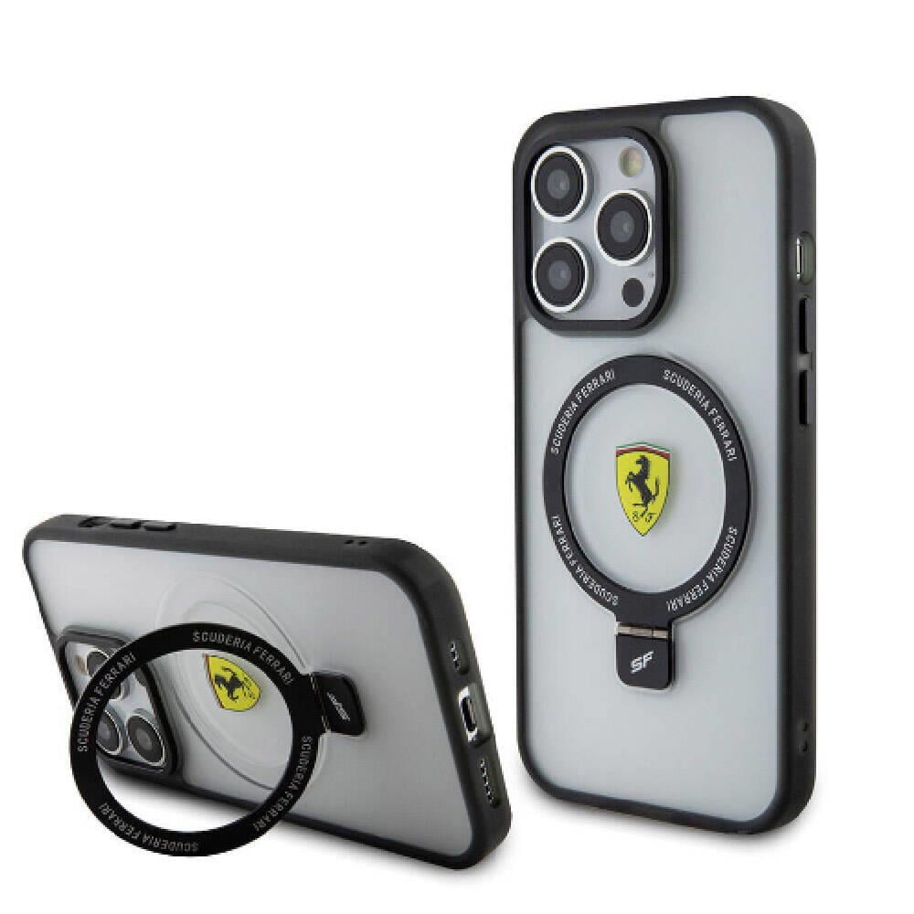 Apple iPhone 15 Pro Kılıf Ferrari M-safe Şarj Özellikli Standlı Buzlu Yüzey Dizayn Kapak