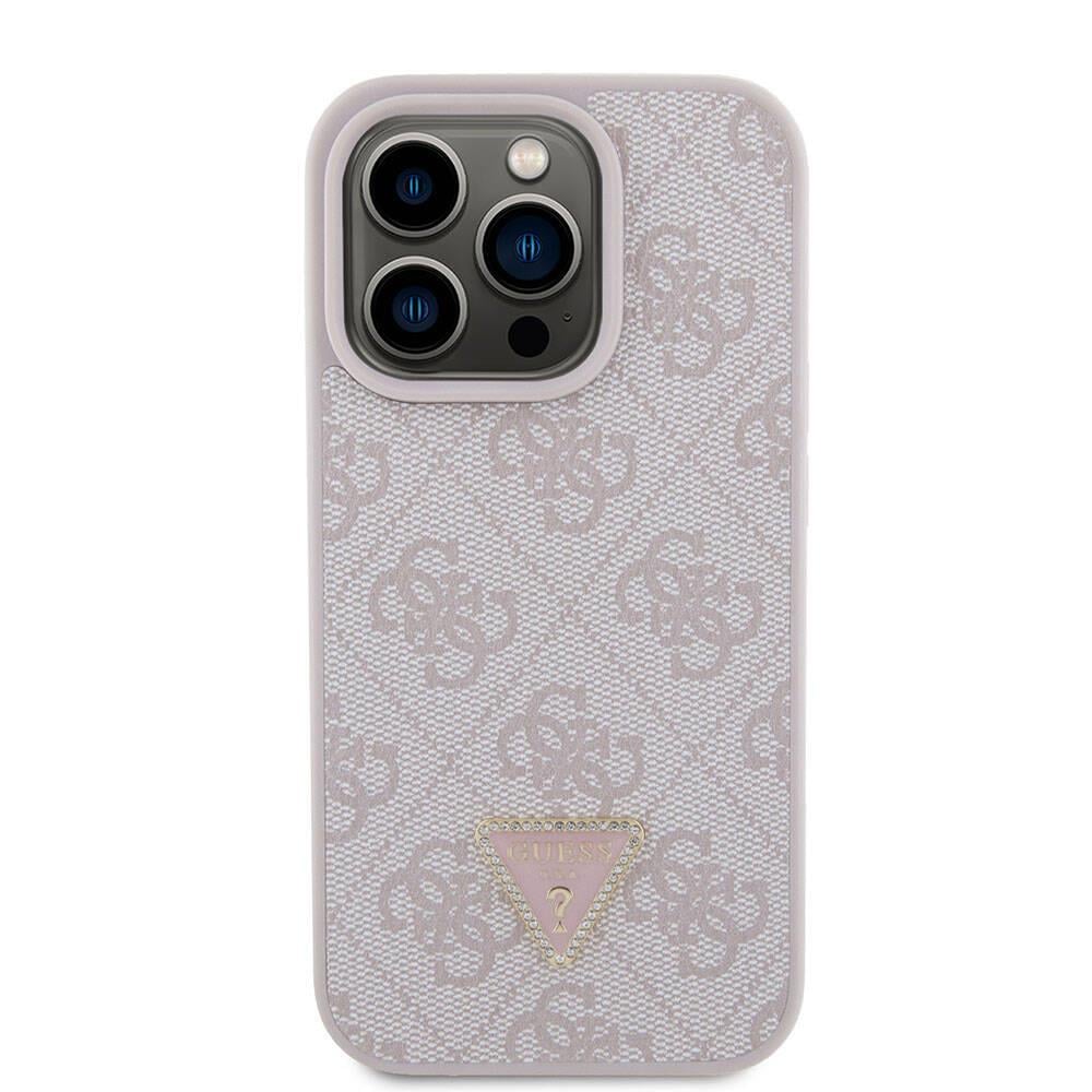 Apple iPhone 15 Pro Kılıf Guess Orjinal Lisanslı PU Deri Taşlı Üçgen Logo 4G Desenli Strass Kapak