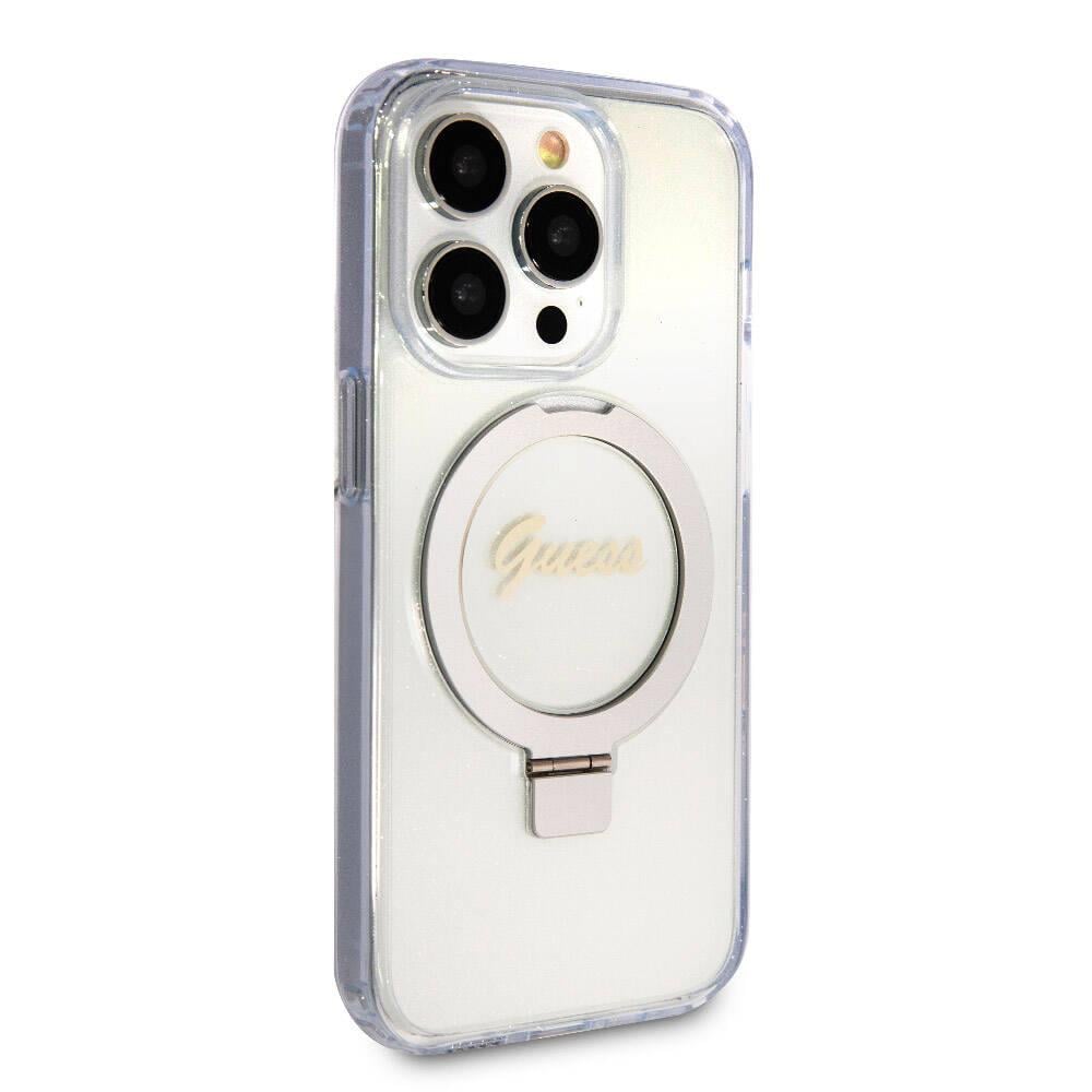 Apple iPhone 15 Pro Kılıf Guess Orjinal Lisanslı M-safe Şarj Özellikli Simli Arka Yüzey Ring Standlı Kapak