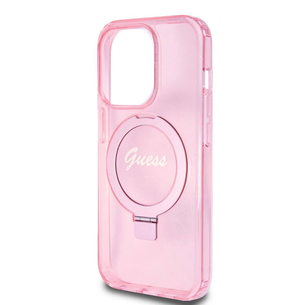 Apple iPhone 15 Pro Kılıf Guess Orjinal Lisanslı M-safe Şarj Özellikli Simli Arka Yüzey Ring Standlı Kapak