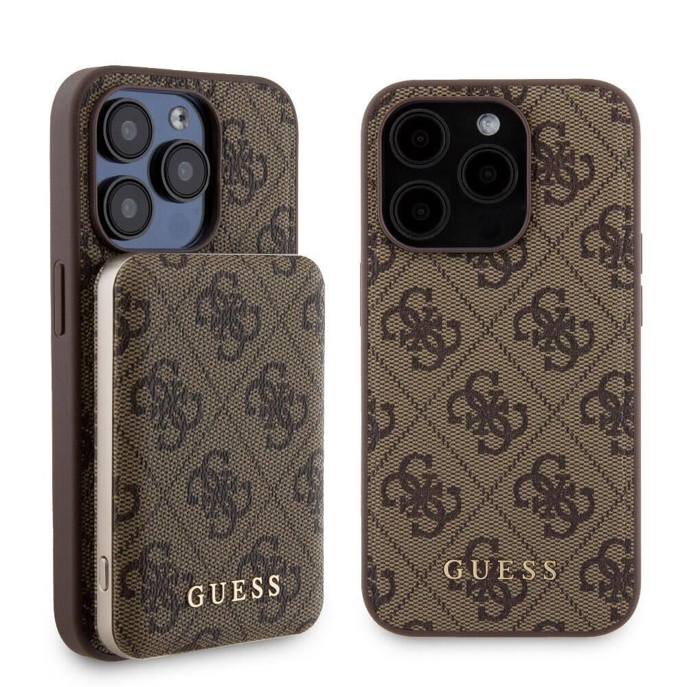 Apple iPhone 15 Pro Kılıf Guess Orjinal Lisanslı M-safe Şarj Özellikli Yazı Logolu 4G Desenli Kapak + Powerbank 5000mAh 2in1 Set