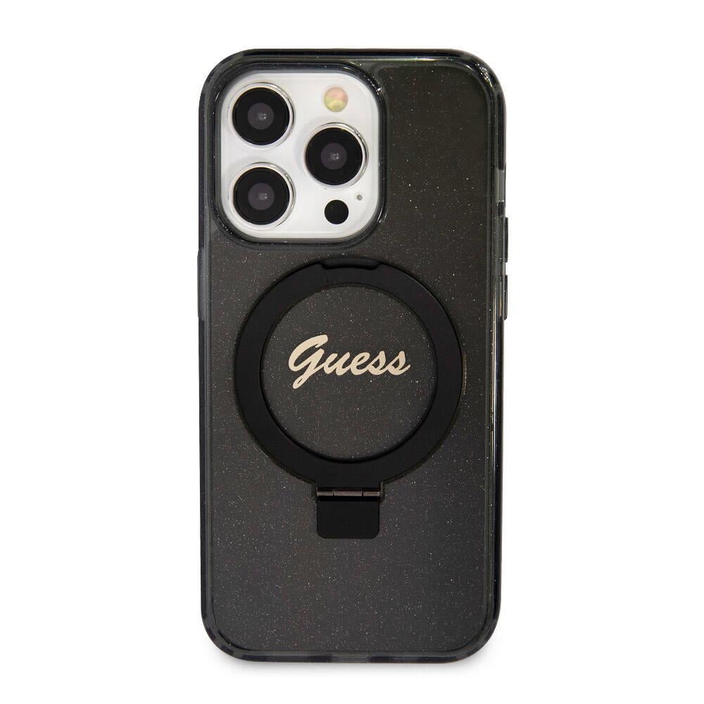 Apple iPhone 15 Pro Kılıf Guess Orjinal Lisanslı M-safe Şarj Özellikli Simli Arka Yüzey Ring Standlı Kapak